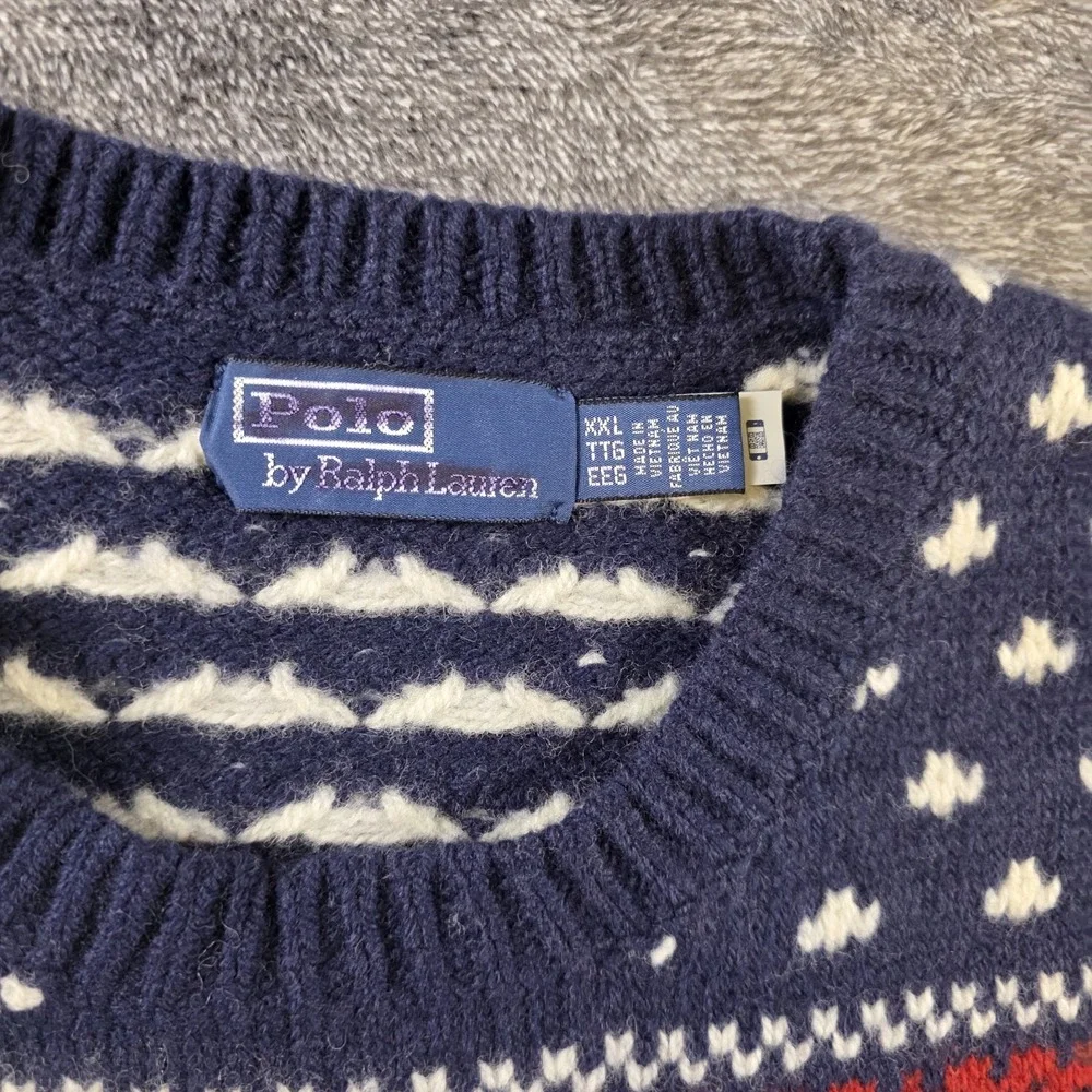 Polo Ralph Lauren Wool Reindeer Fair Isle Sweater Mens XXL Blue Patriotic Shield